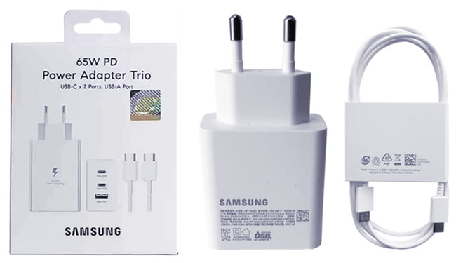 Samsung 65W Trio 2 USB-C USB-A Super-Schnellladegerät mit 1,8m USB-C-Kabel weiß